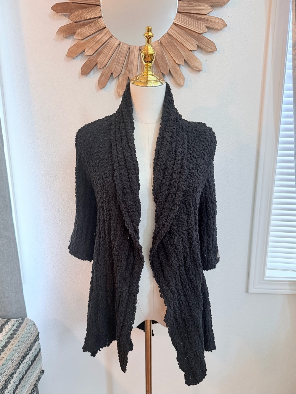 BCBG Black Crochet Back Draped Open Front Cardigan Boho